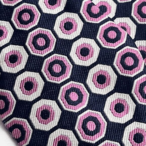 JS Blank 100% Silk Black & Pink Geometric Self Tie Woven Bow Tie - Picture 3 of 11